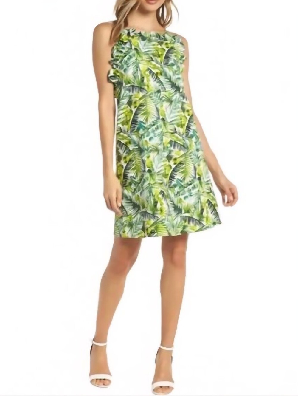 Clover And Sloane 100% Cotton Green Palm Leaf Dress Women's Small S Lined Ruffle